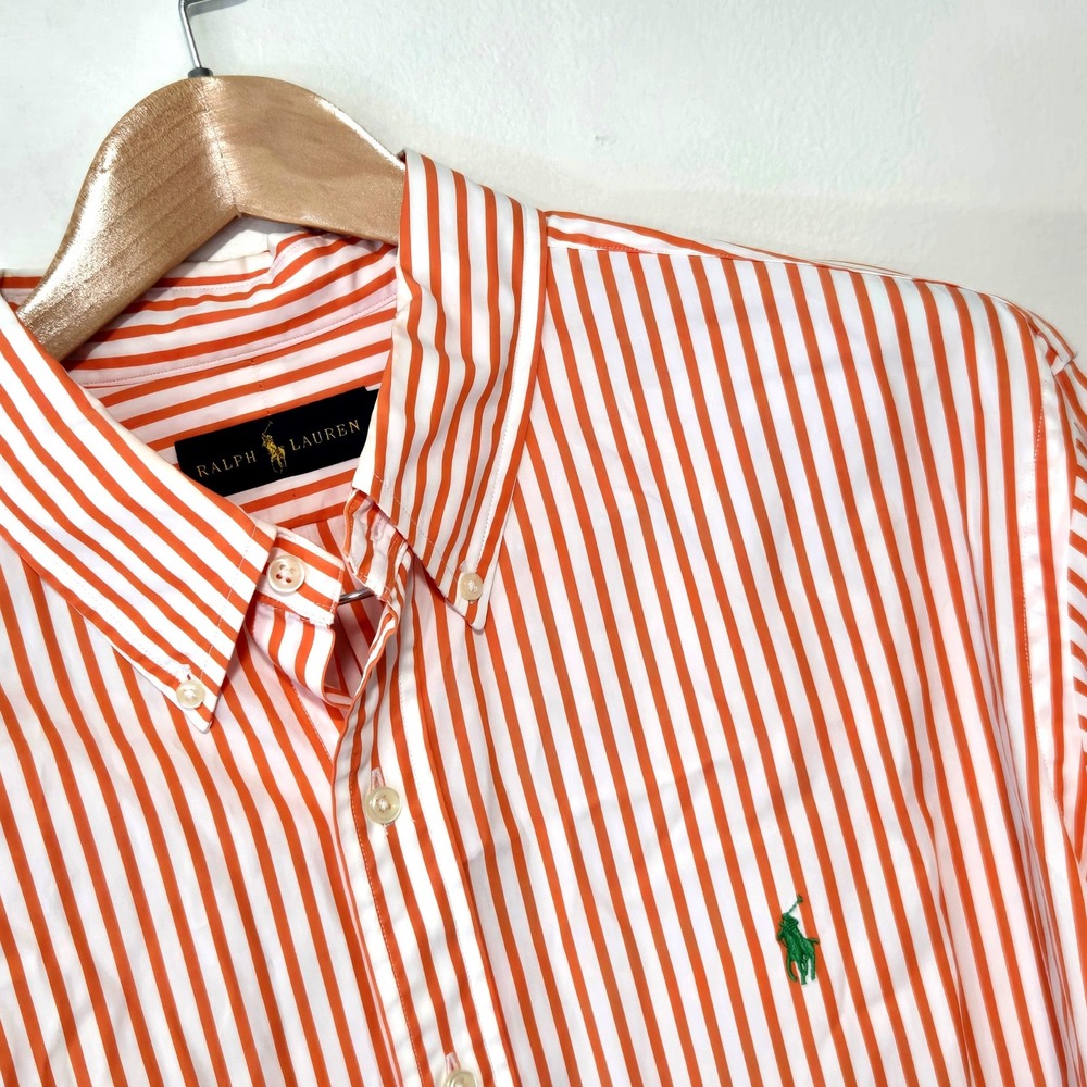 Ralph Lauren Button Down Shirt Mens XXL Orange White Striped Long Sleeve Pony